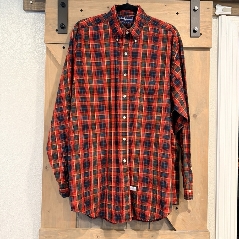 Vintage Ralph Lauren The Big Shirt Mens Medium Red Green Tartan Plaid 90s